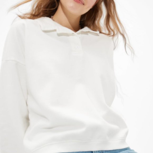American Eagle Fleece Polo Sweatshirt White Small - Picture 2 of 6